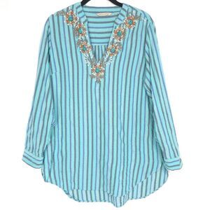 Soft Surroundings Tunic Top Women MEDIUM Turquoise Stripe Beaded Neckline 2AC25